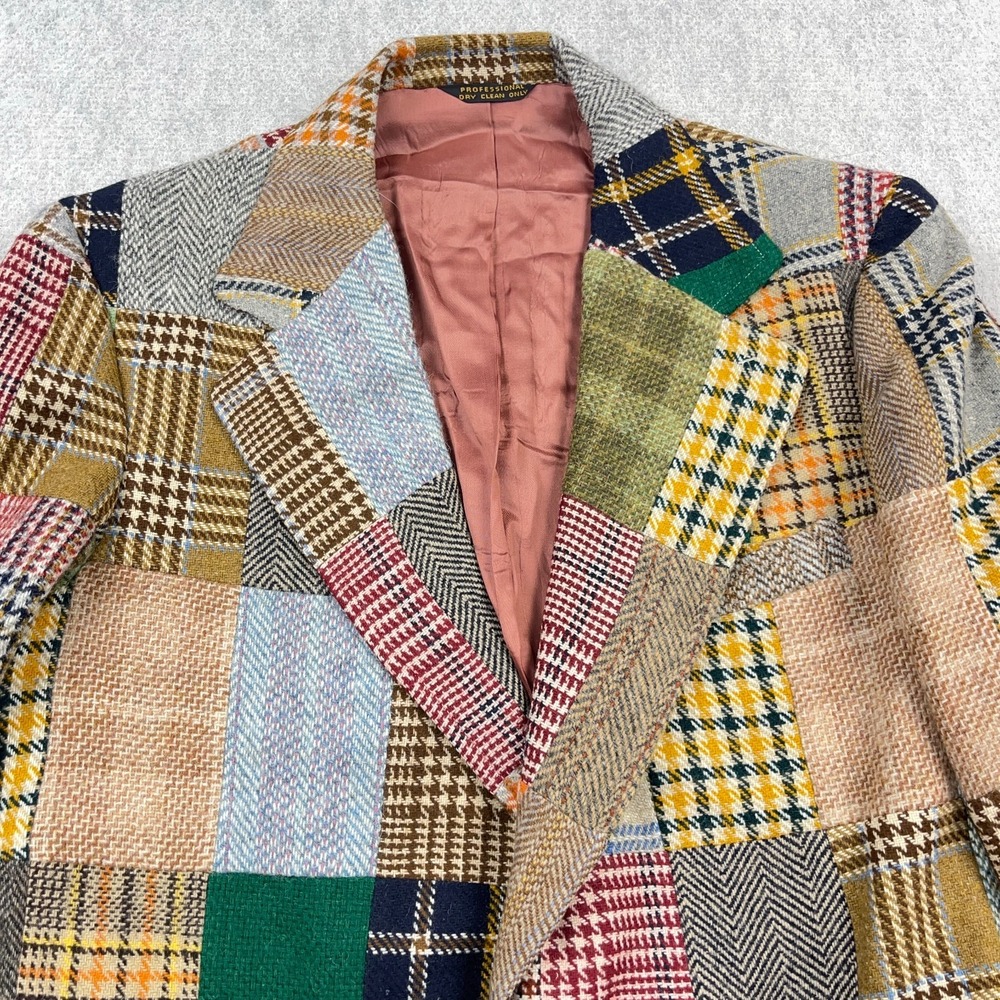 Vintage Wool Blazer Men Small Plaid Patchwork 70s 80s Sport Coat USA Made READ* - Picture 3 of 16